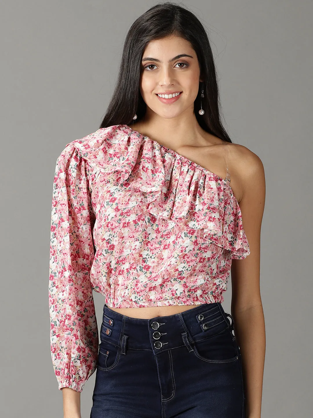 Women's Pink Floral Print One Shoulder Ruffles Chiffon Top Relaxed Torso Fit Timeless Style