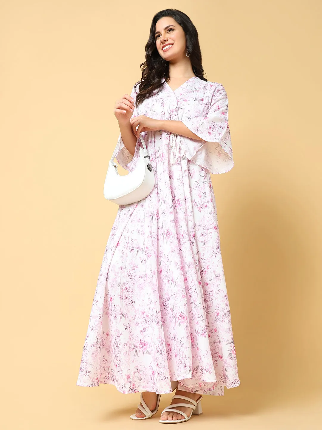 Women's Pink Floral Printed Bell Sleeve Fit & Flare Maxi Dress Versatile party outfit knee-length