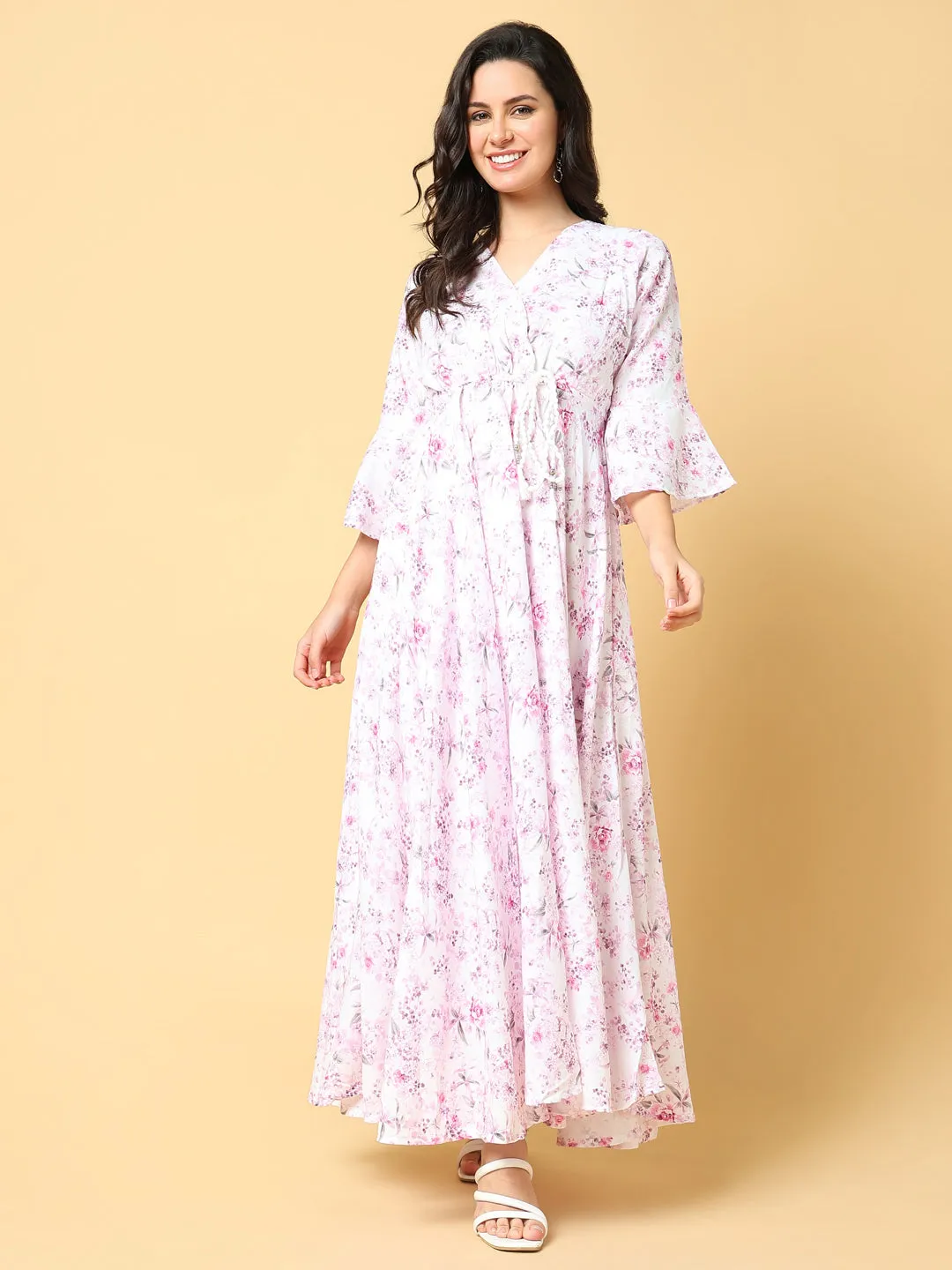 Women's Pink Floral Printed Bell Sleeve Fit & Flare Maxi Dress Flawless Construction Draped-Style