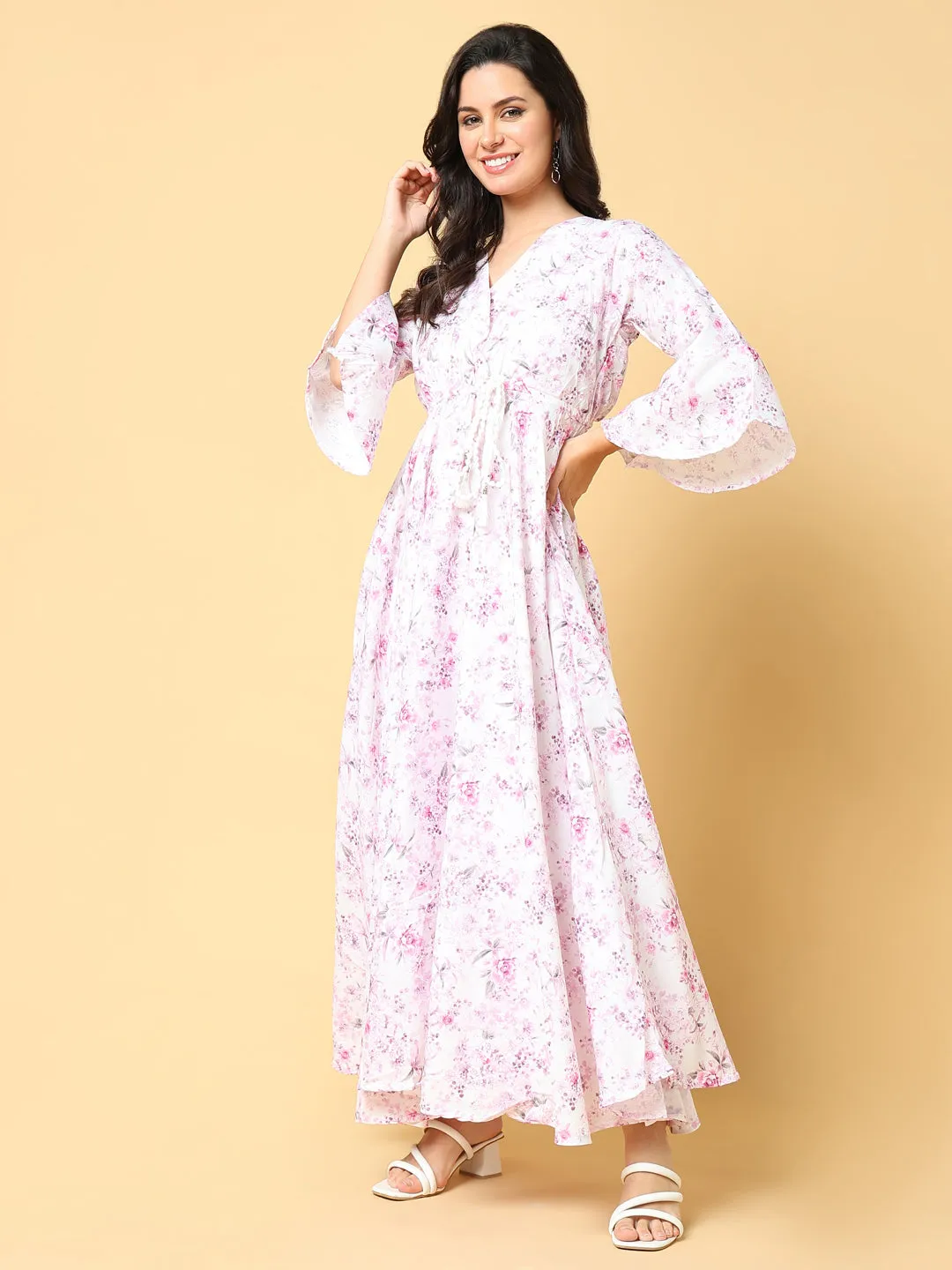 Women's Pink Floral Printed Bell Sleeve Fit & Flare Maxi Dress Simple Elegance