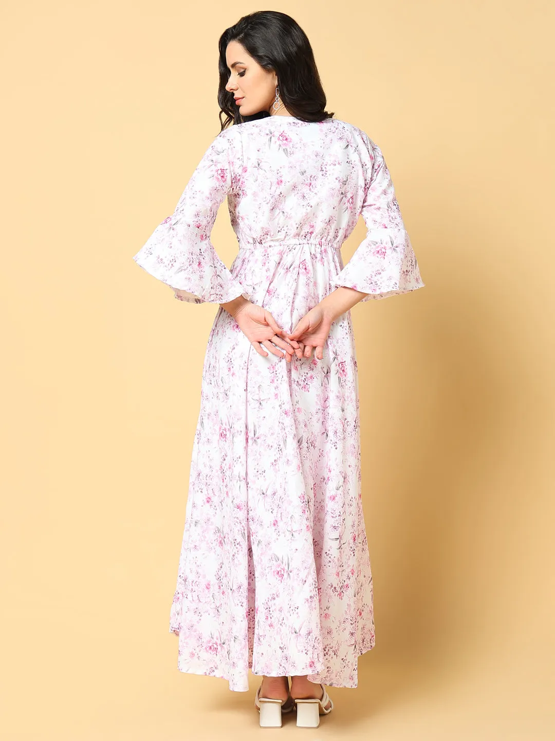 Women's Pink Floral Printed Bell Sleeve Fit & Flare Maxi Dress Perfect Comfort Wear Neat Finish
