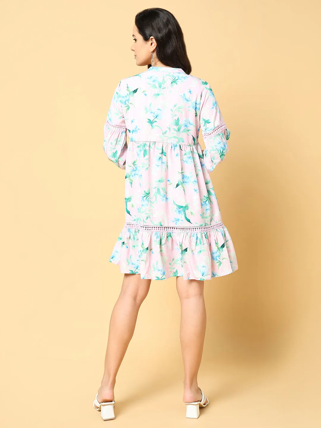 Women's Pink Floral Printed Cotton Puff Sleeve A-Line Above Knee Dress Inner Feel Fitted Design