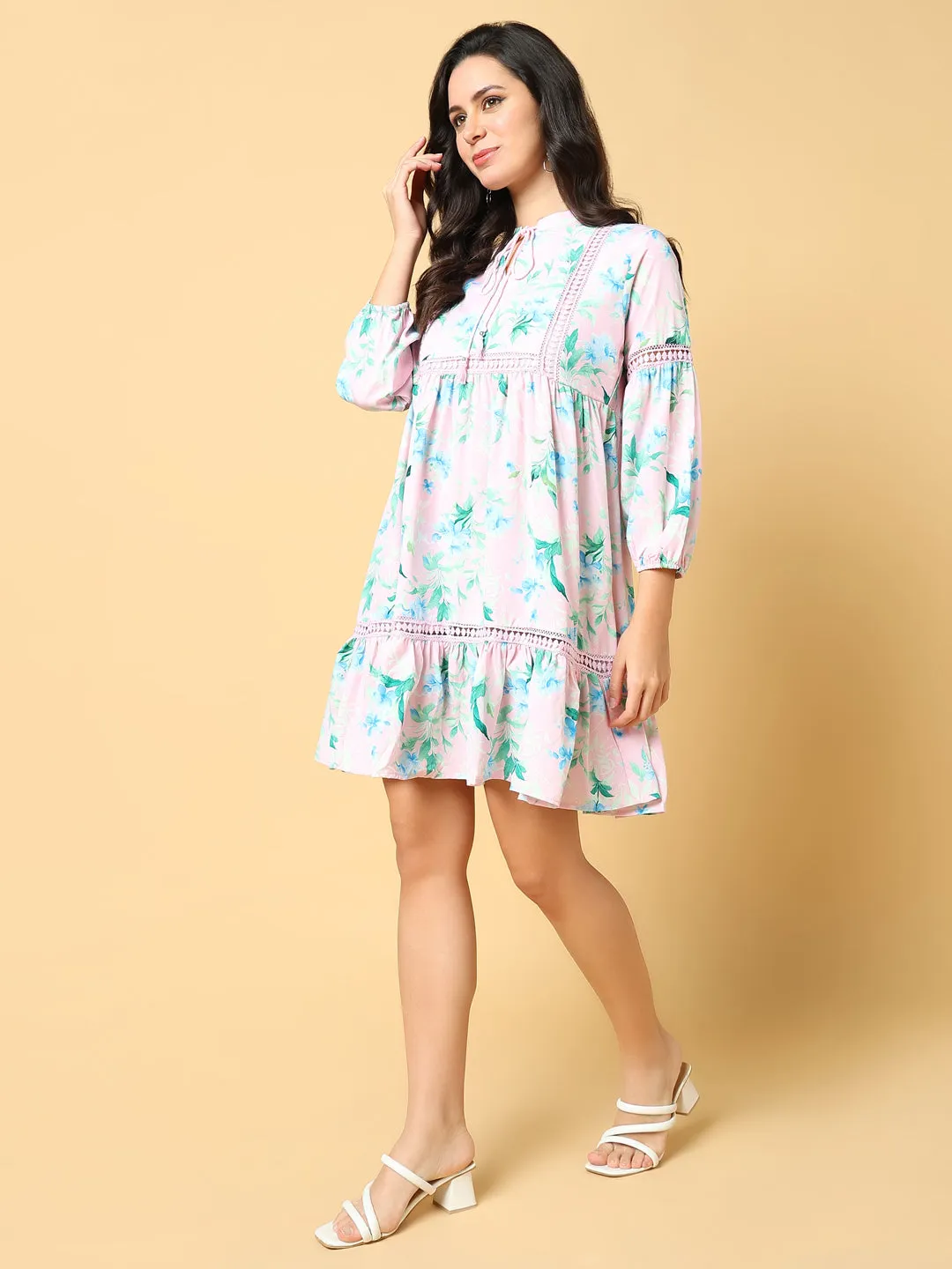 Urban Fit Women's Pink Floral Printed Cotton Puff Sleeve A-Line Above Knee Dress