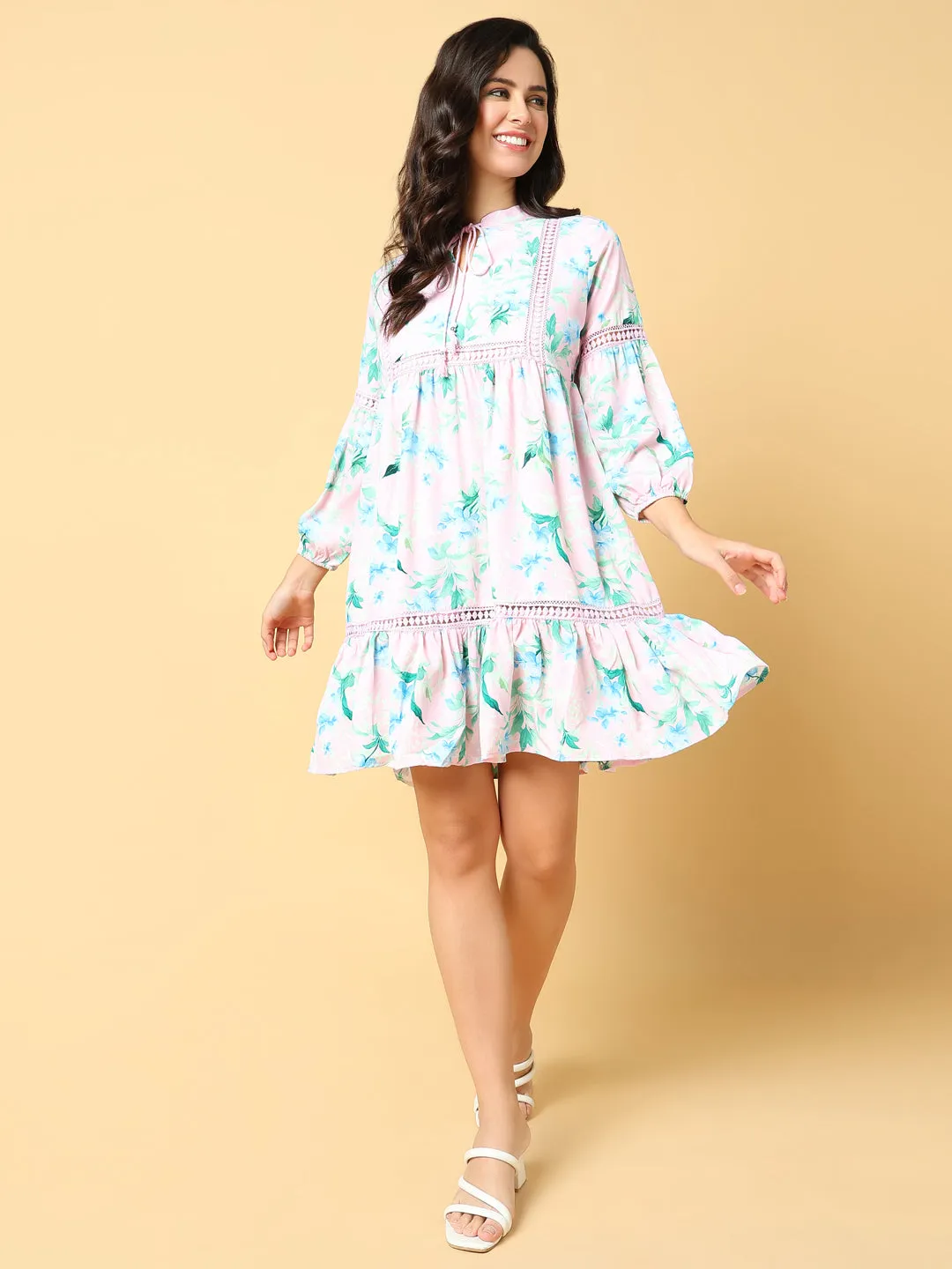 Women's Pink Floral Printed Cotton Puff Sleeve A-Line Above Knee Dress Relax Motion Perfect Style