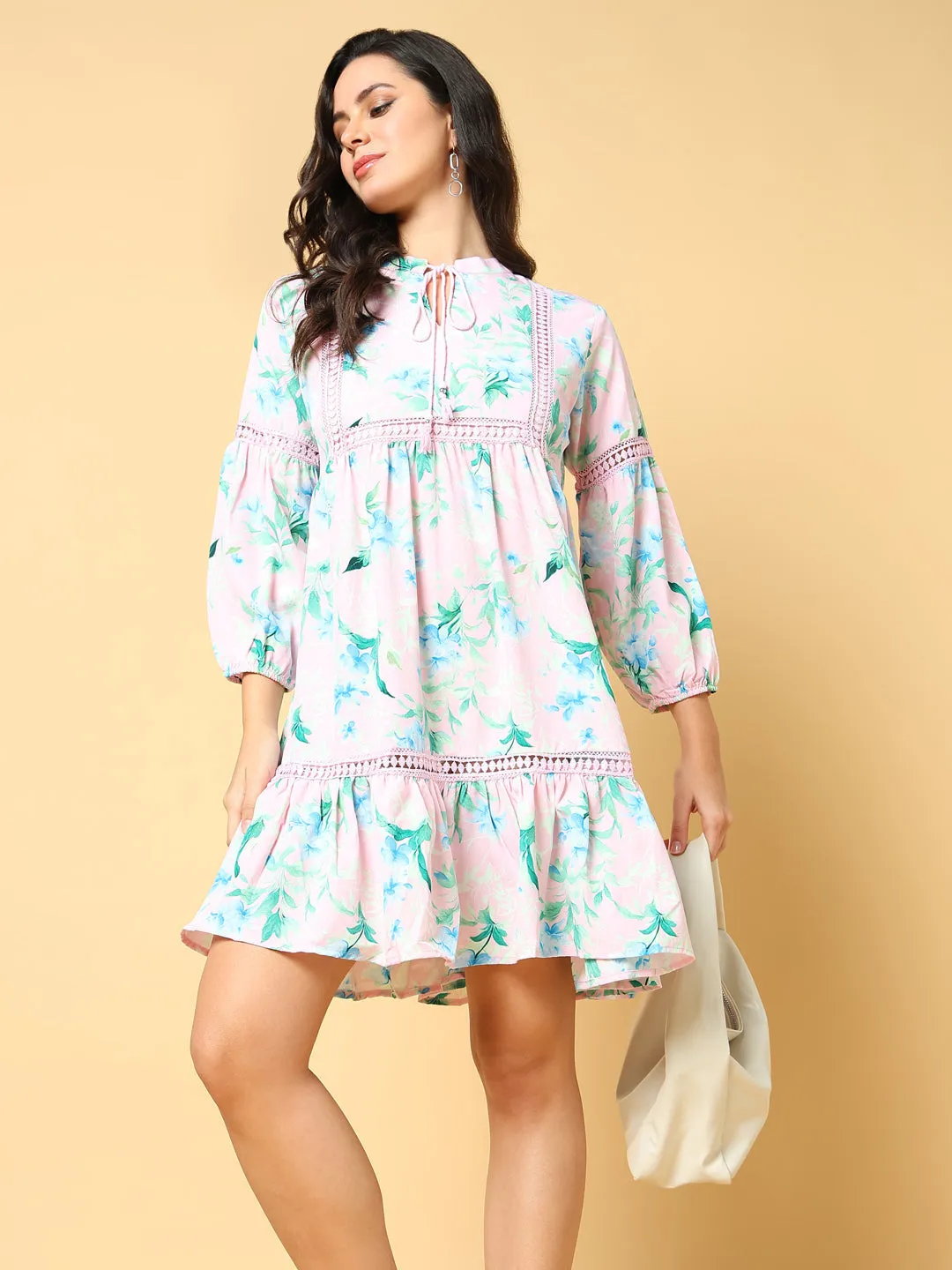 Women's Pink Floral Printed Cotton Puff Sleeve A-Line Above Knee Dress Family Glow Vibrant evening gown