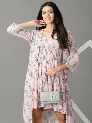 Women's Pink Floral Printed Fit & Flare Dress With Jacket Subtle Charm