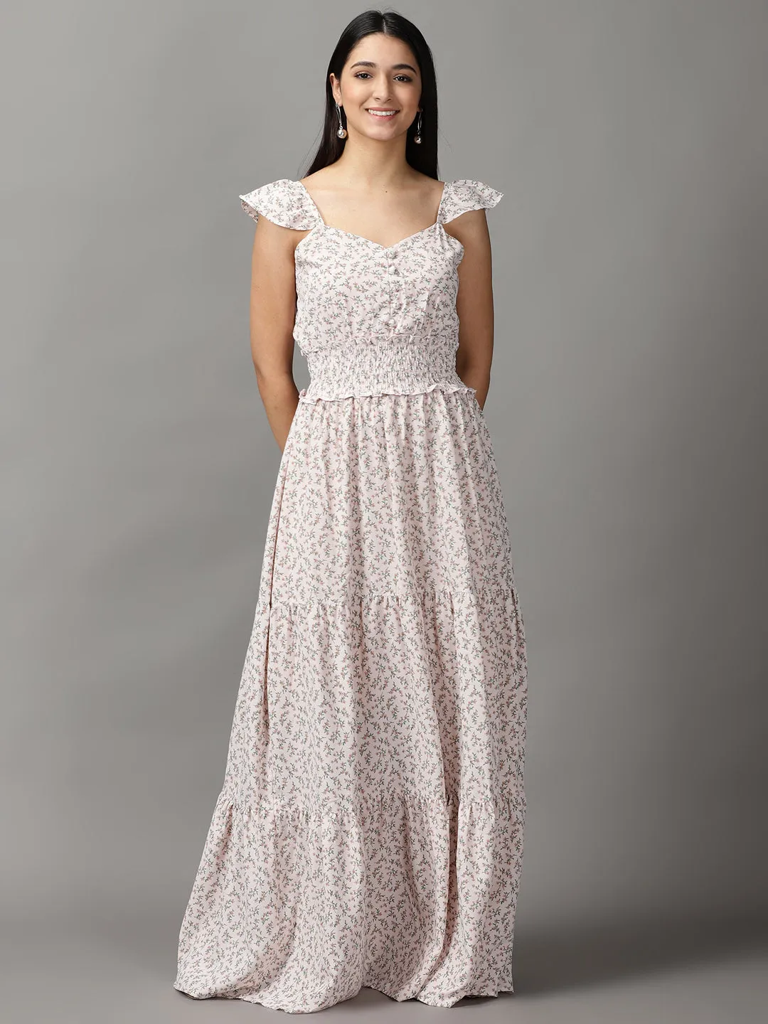 Women's Pink Floral Printed Fit and Flare Maxi Dress Edgy Twist Adjustable-Length