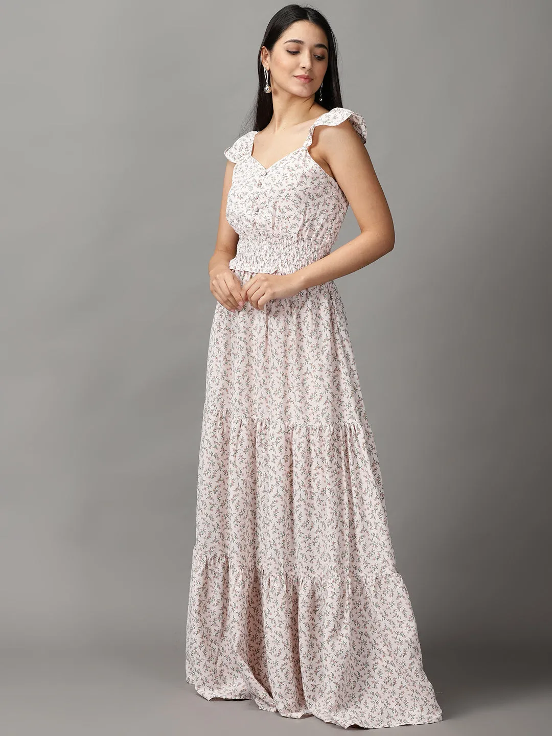 Women's Pink Floral Printed Fit and Flare Maxi Dress Work Friendly