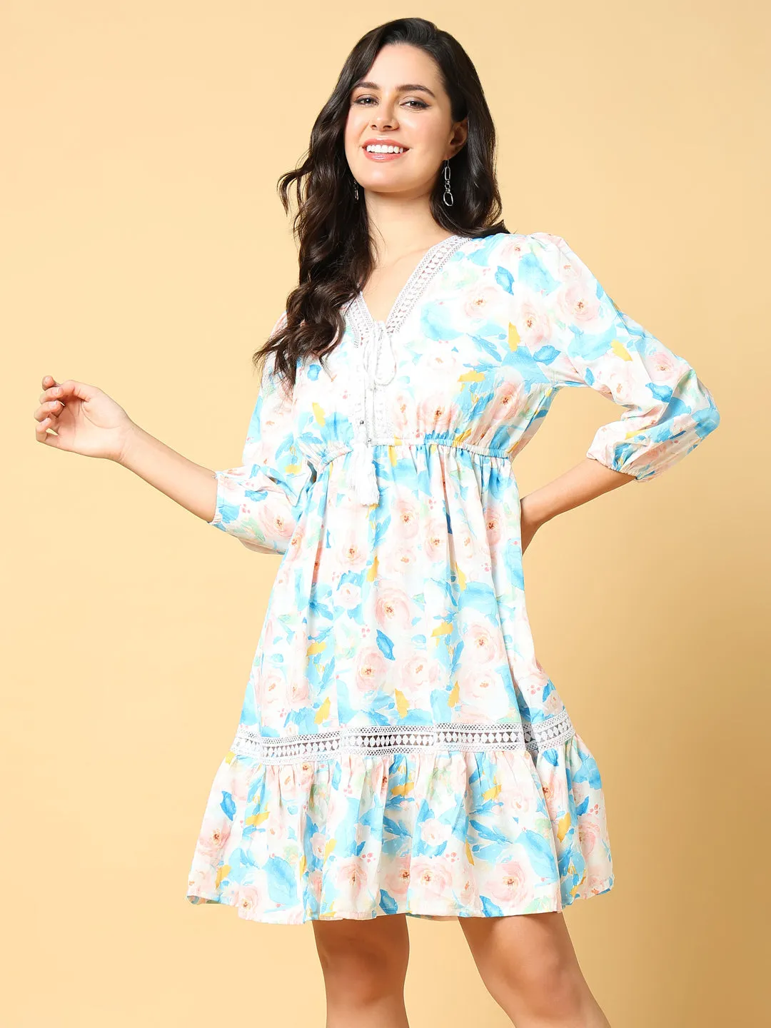 Women's Pink Floral Printed Puff Sleeves Fit & Flare Dress Comfy and Chic