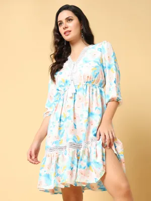 Women's Pink Floral Printed Puff Sleeves Fit & Flare Dress Stylish Wear