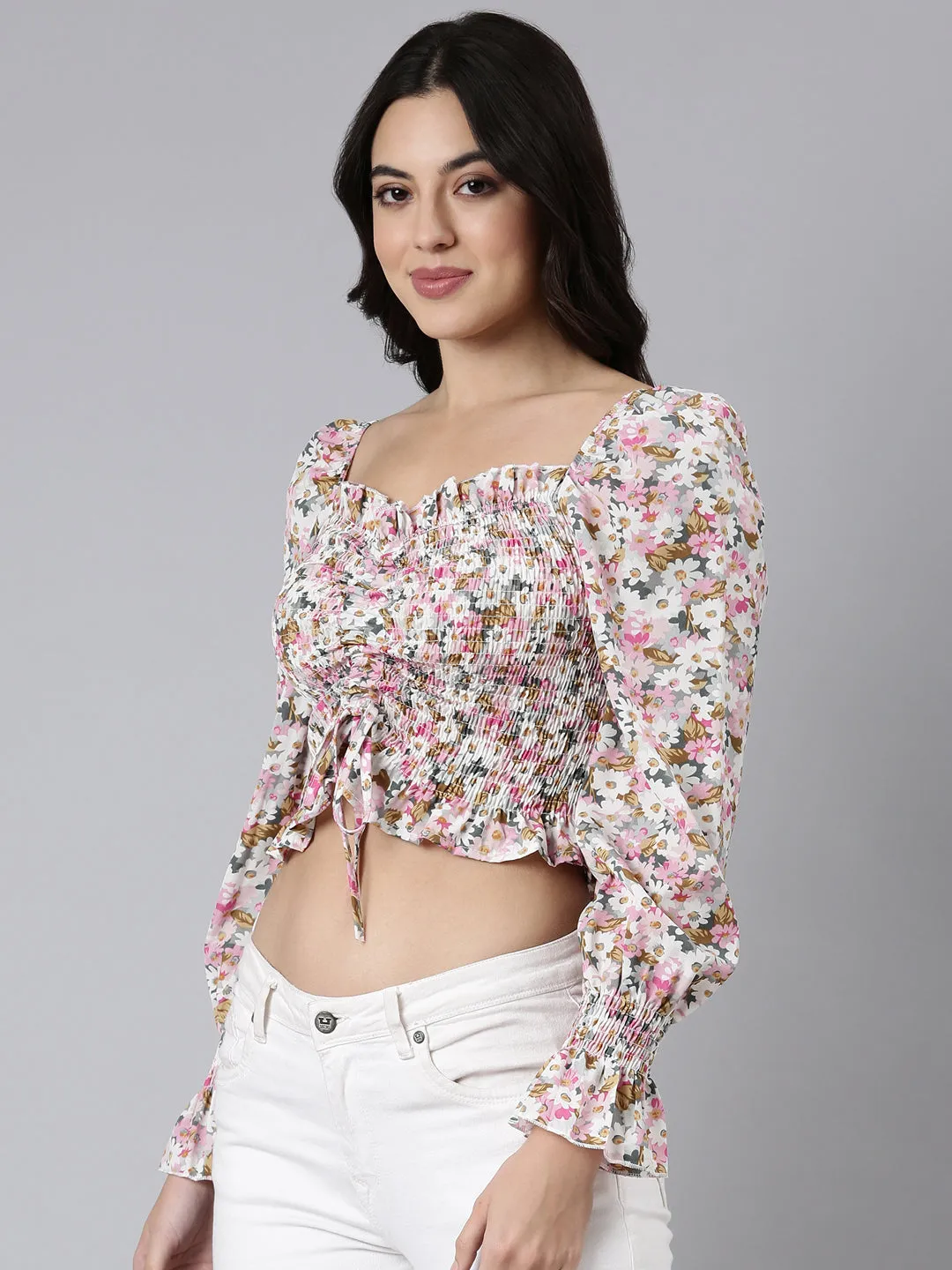 FlexibleKnit Stylish and Cozy Women's Pink Floral Printed Smocking Crepe Crop Top