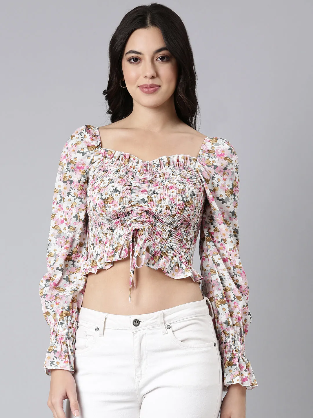 Comfort Stretch suitable for all genders Women's Pink Floral Printed Smocking Crepe Crop Top