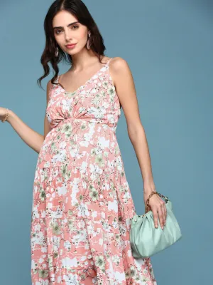 Women's Pink Floral V-Neck Crepe Maxi Dress Family Joy soft elegance