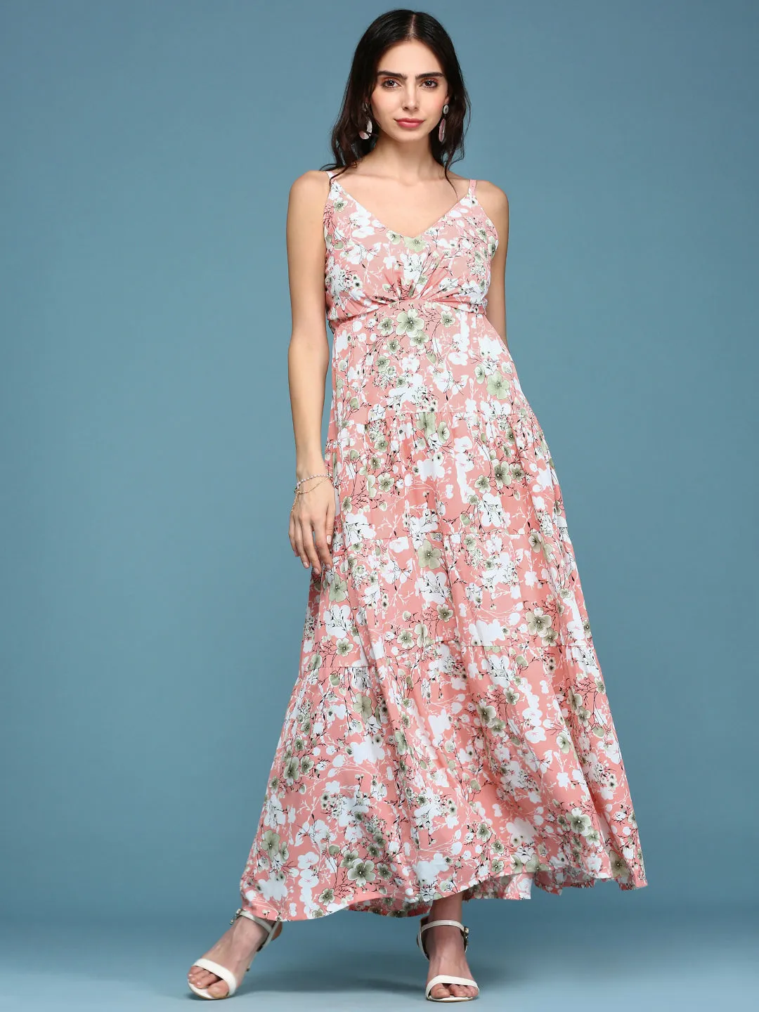 Smart touch Bride Side Women's Pink Floral V-Neck Crepe Maxi Dress