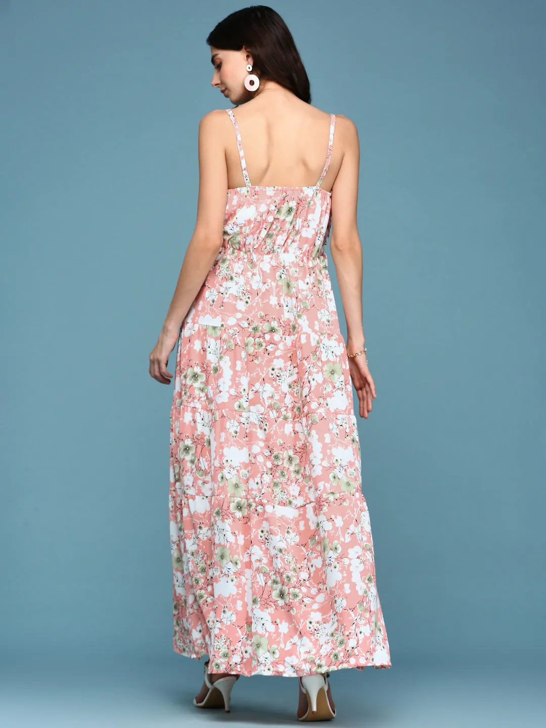 Trendy Comfort Women's Pink Floral V-Neck Crepe Maxi Dress