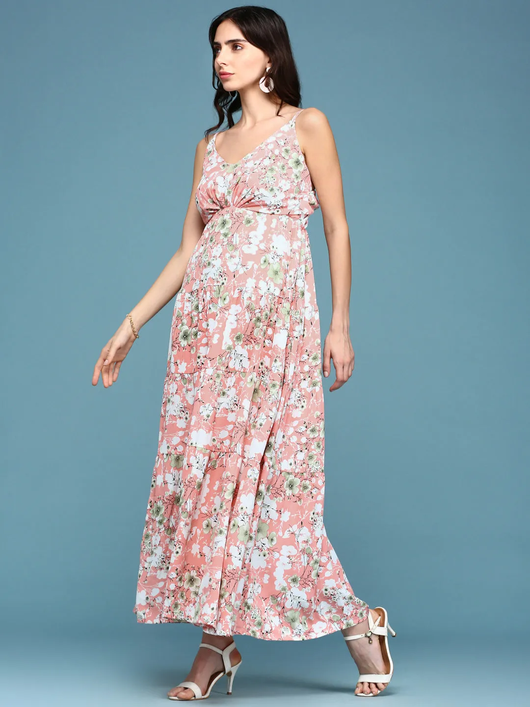 Women's Pink Floral V-Neck Crepe Maxi Dress Chic Appeal