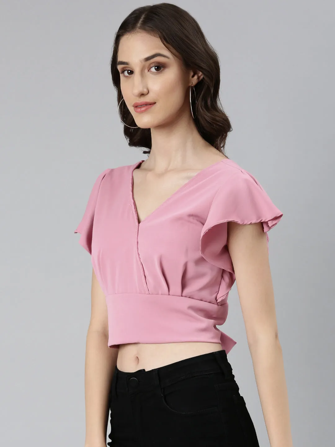 Women's Pink Flutter Sleeve Crepe Styled Back Crop Top Outdoor Leisure Look Comfy Essentials Wear