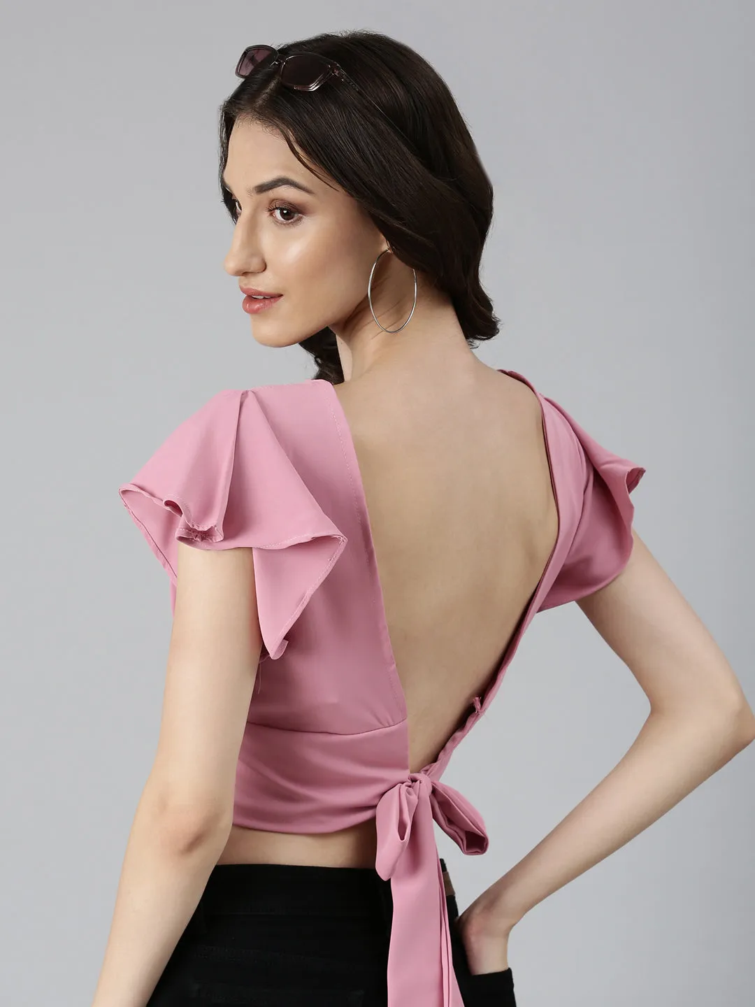 Yarn Dyed Fabric Odor-resistant Women's Pink Flutter Sleeve Crepe Styled Back Crop Top
