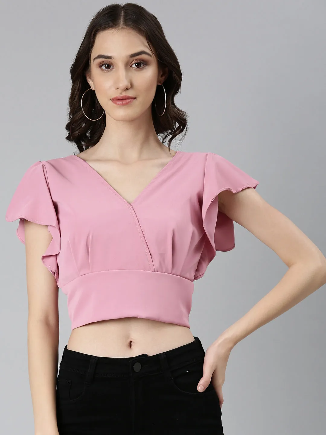 Women's Pink Flutter Sleeve Crepe Styled Back Crop Top safe for skin