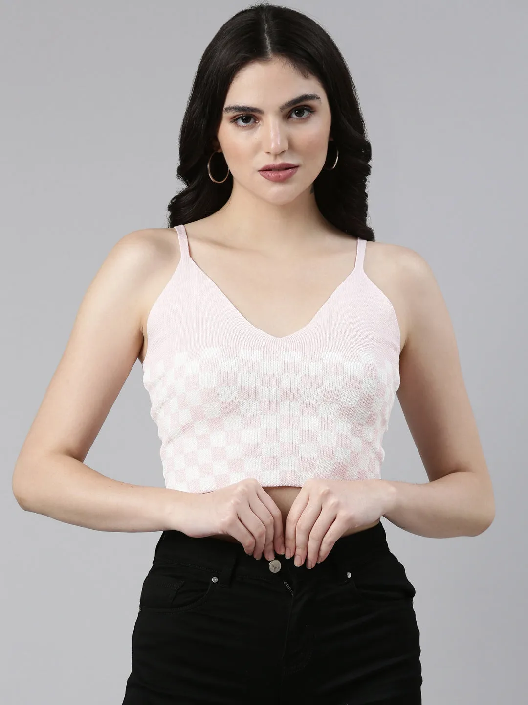 Women's Pink Geometric Printed Acrylic Shoulder Straps Fitted Crop Top hypoallergenic Stretch Waist