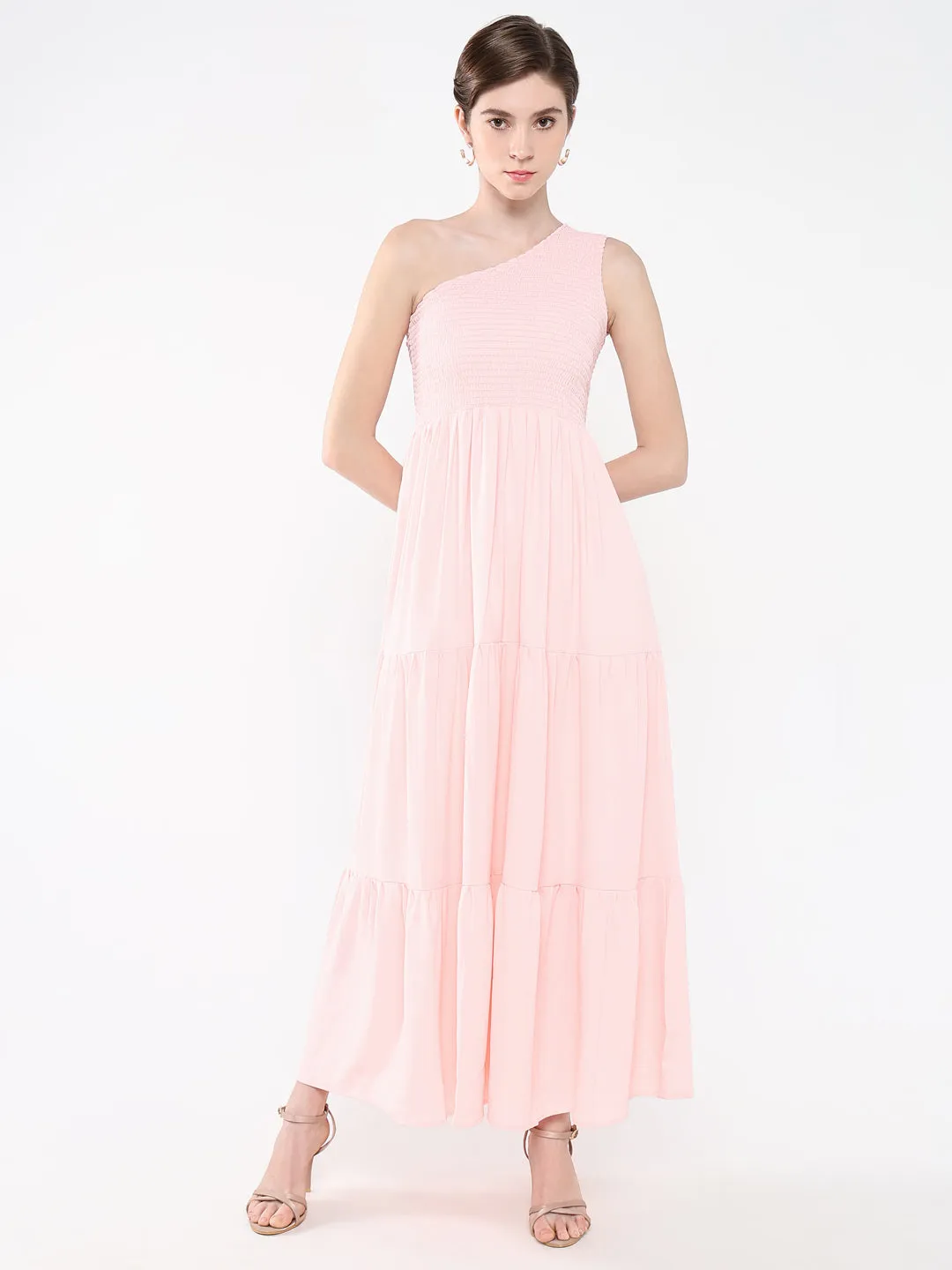Bold Structure Night Party Women's Pink One Shoulder Fit & Flare Maxi Dress