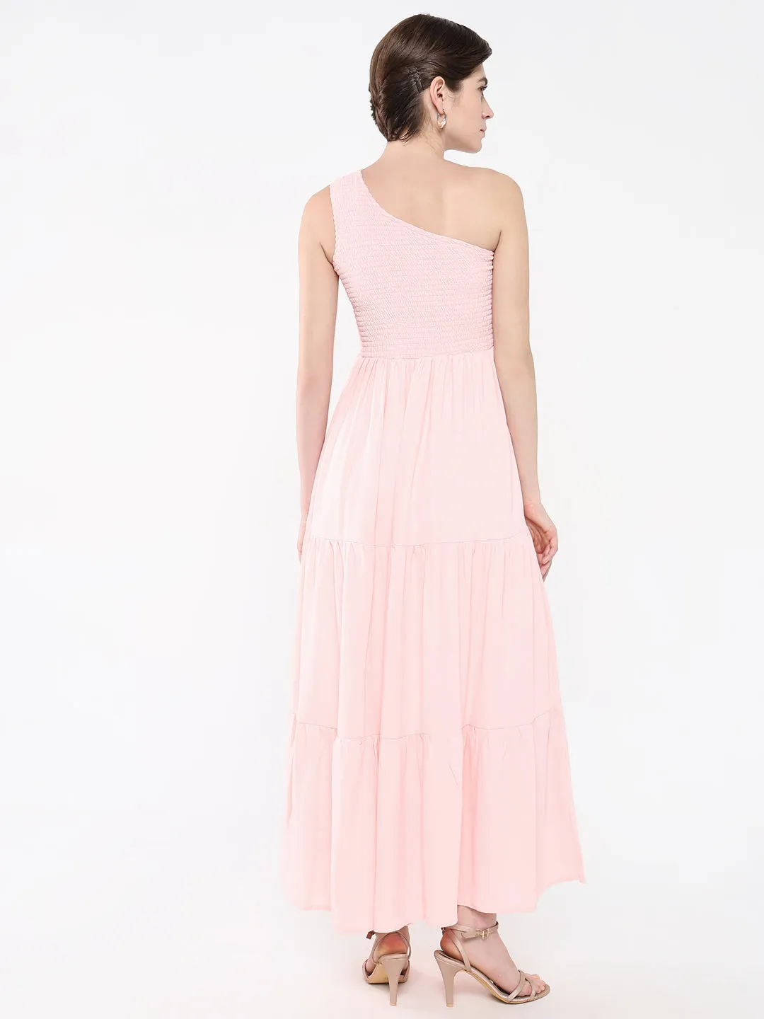 Chic Style Wear Women's Pink One Shoulder Fit & Flare Maxi Dress