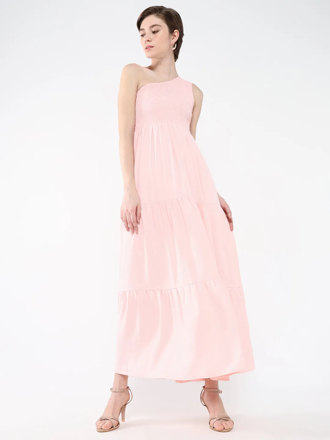 Women's Pink One Shoulder Fit & Flare Maxi Dress Silky Drape