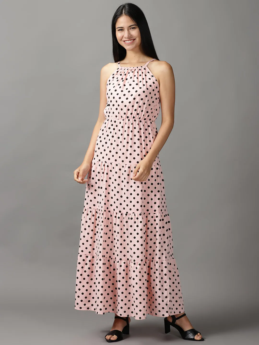 Aura Glow Everyday Use Women's Pink Polka Dots Printed Fit & Flare Dress