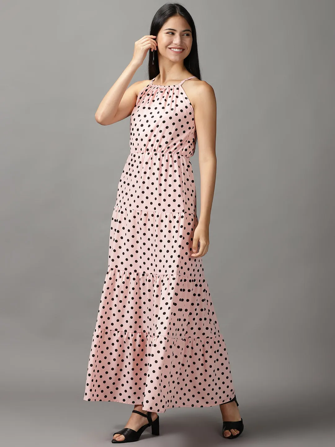 Women's Pink Polka Dots Printed Fit & Flare Dress Travel-Pack Floor-Length