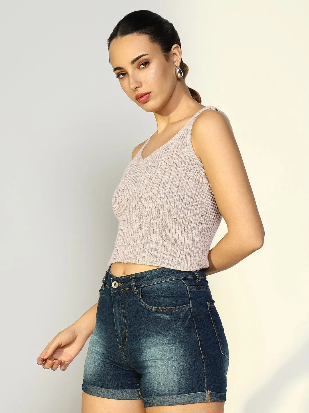Women's Pink Round Neck Crop Top with Shrug Basic Layer Comfy Fit