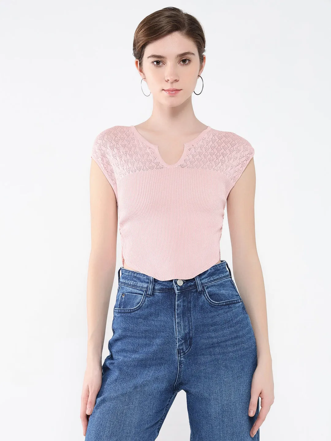 Stylish and Easygoing Women's Pink Self Design Round Neck Acrylic Top