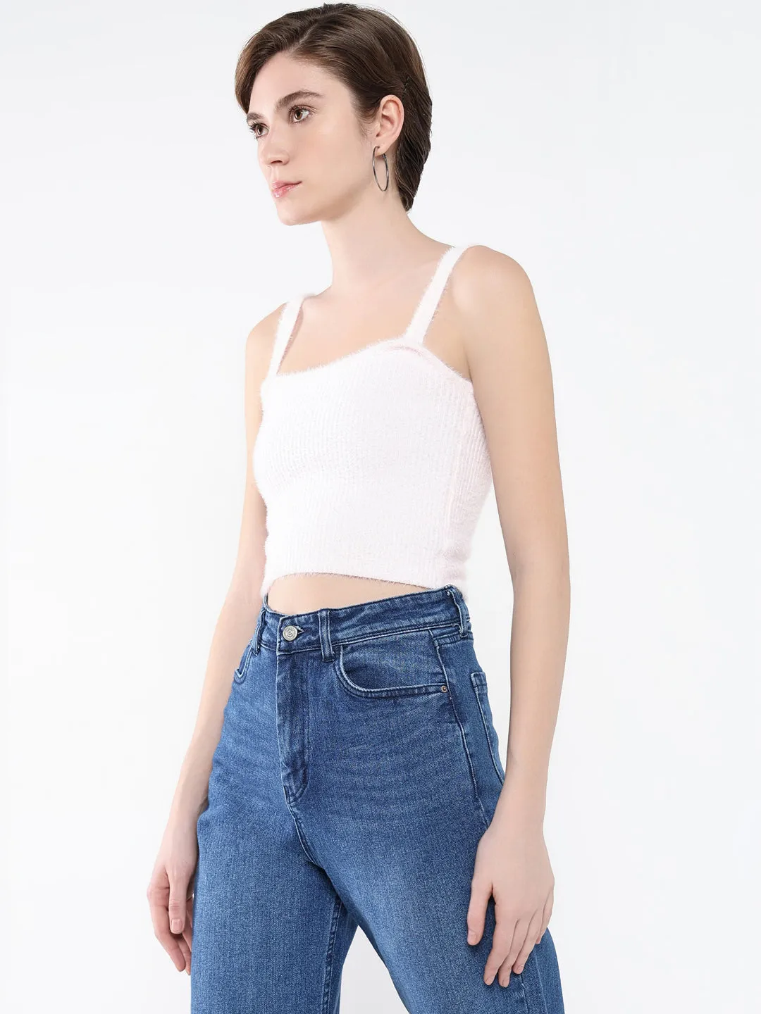 Women's Pink Self Design Shoulder Straps Acrylic Top Roomy Waist Relaxed and Comfy