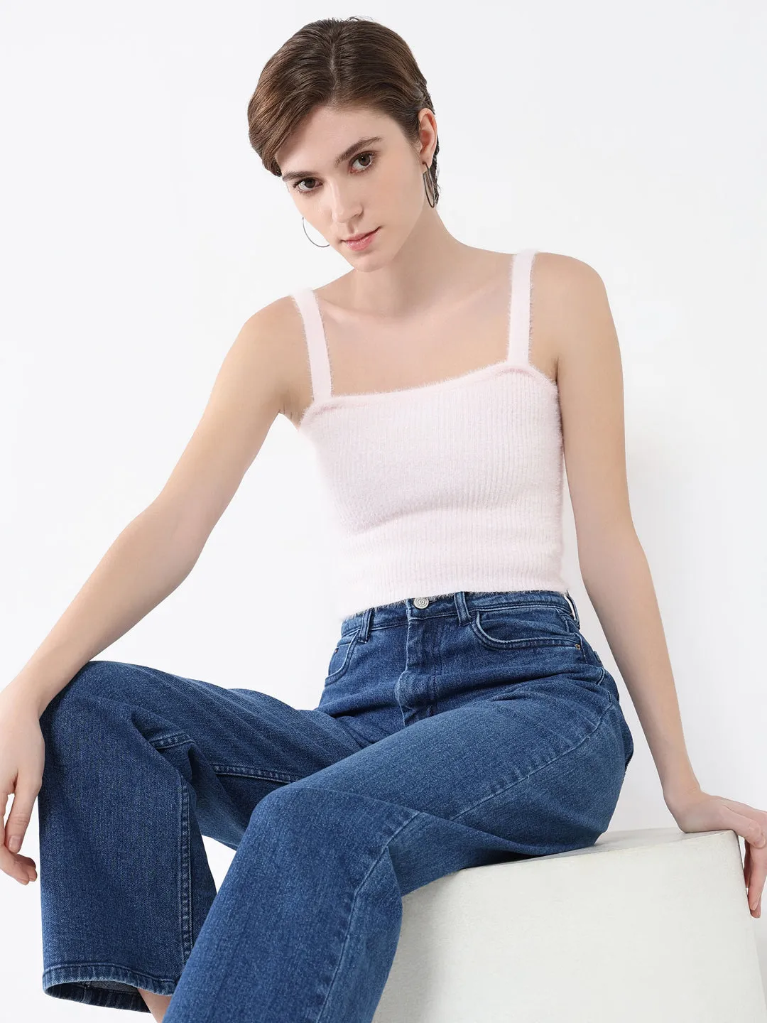 Cozy Layer Fit Women's Pink Self Design Shoulder Straps Acrylic Top