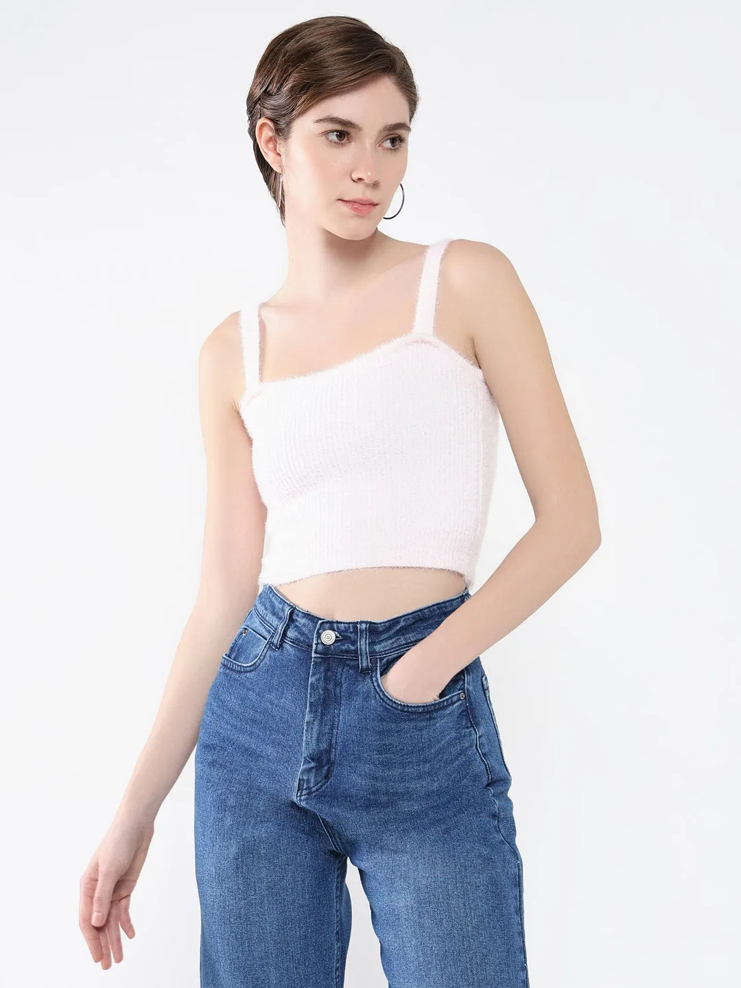 All-day Comfort Women's Pink Self Design Shoulder Straps Acrylic Top