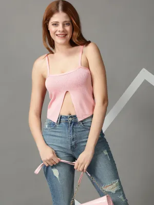 Moisture Management Technology Women's Pink Shoulder Straps Acrylic Crop Top