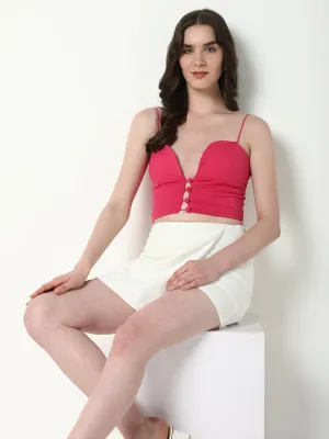 Retro Style Women's Pink Shoulder Straps Crop Top