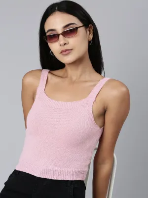 Sleek Stretch Fit suitable for all genders Women's Pink Shoulder Straps Fitted Crop Top