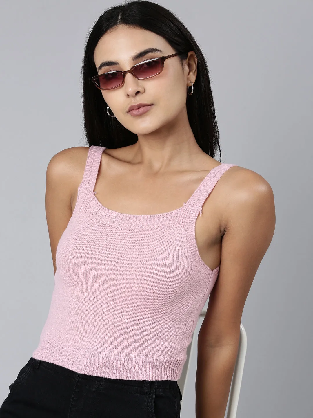 Sleek Stretch Fit suitable for all genders Women's Pink Shoulder Straps Fitted Crop Top