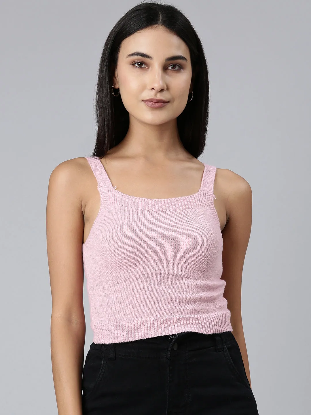 Stretch Knit Women's Pink Shoulder Straps Fitted Crop Top