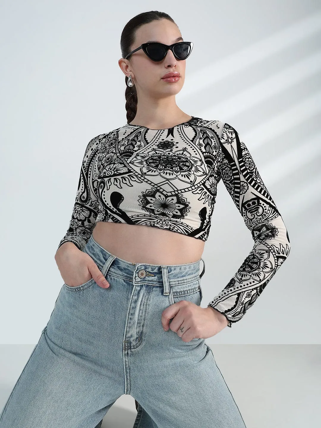 Prom Women's Printed Round Neck White Mesh Crop Top
