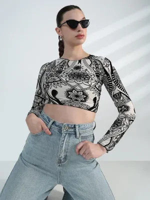 Prom Women's Printed Round Neck White Mesh Crop Top