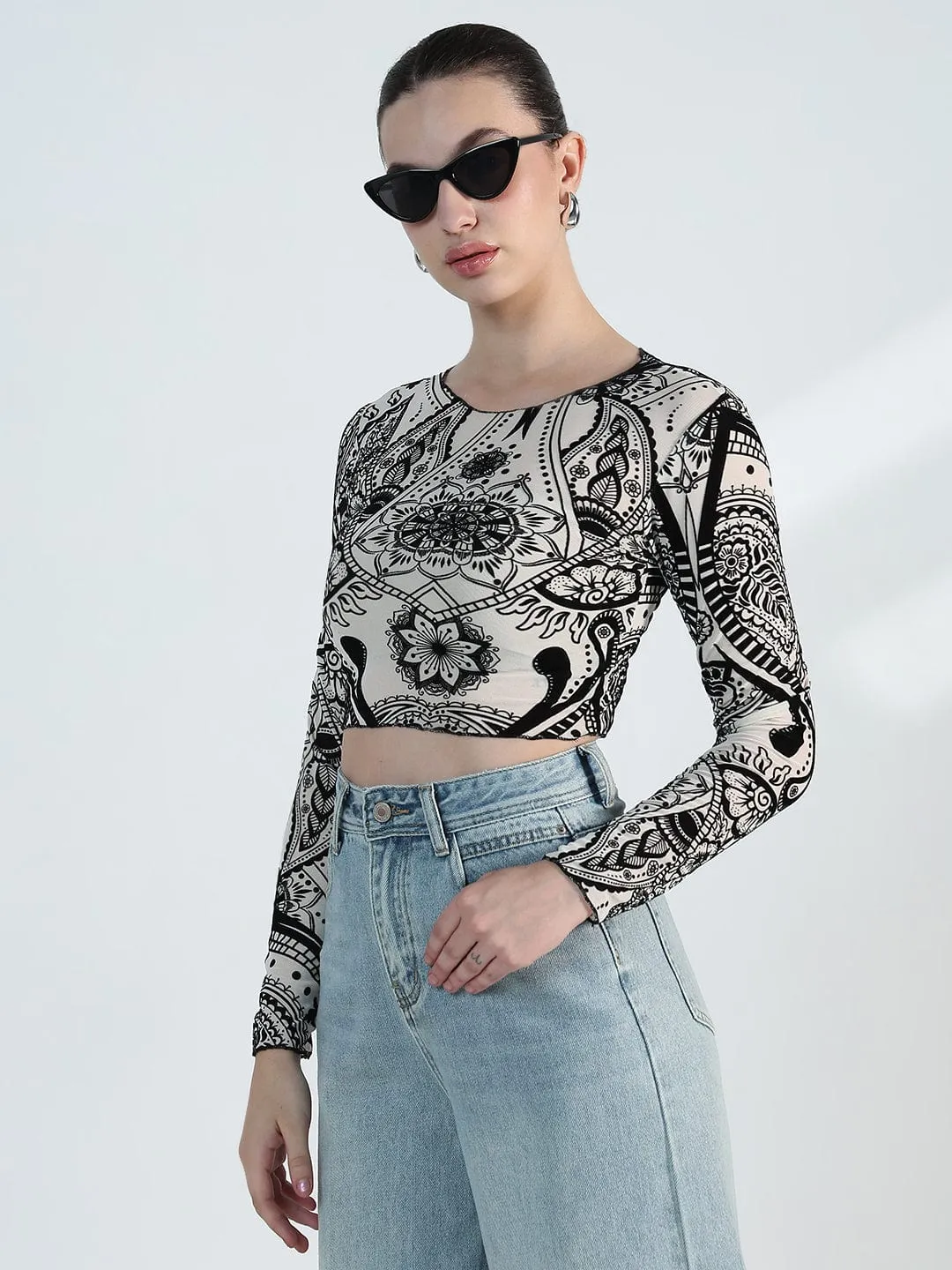 Layering Wear Multi Panel Design Women's Printed Round Neck White Mesh Crop Top