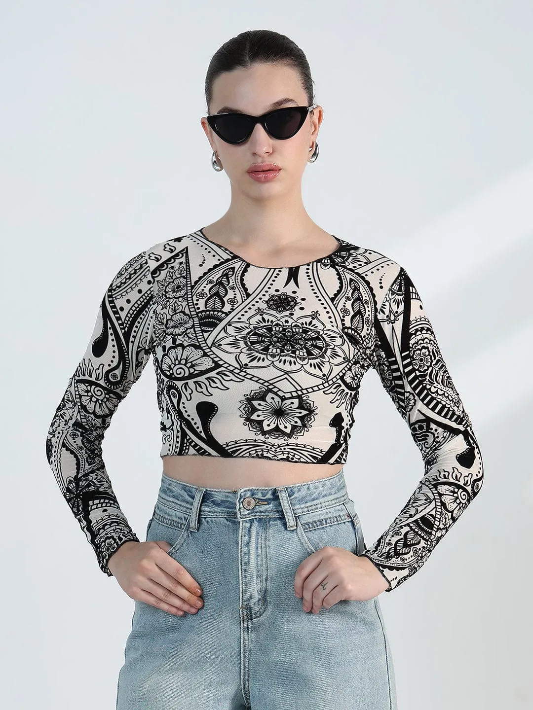 Women's Printed Round Neck White Mesh Crop Top Soft and Light