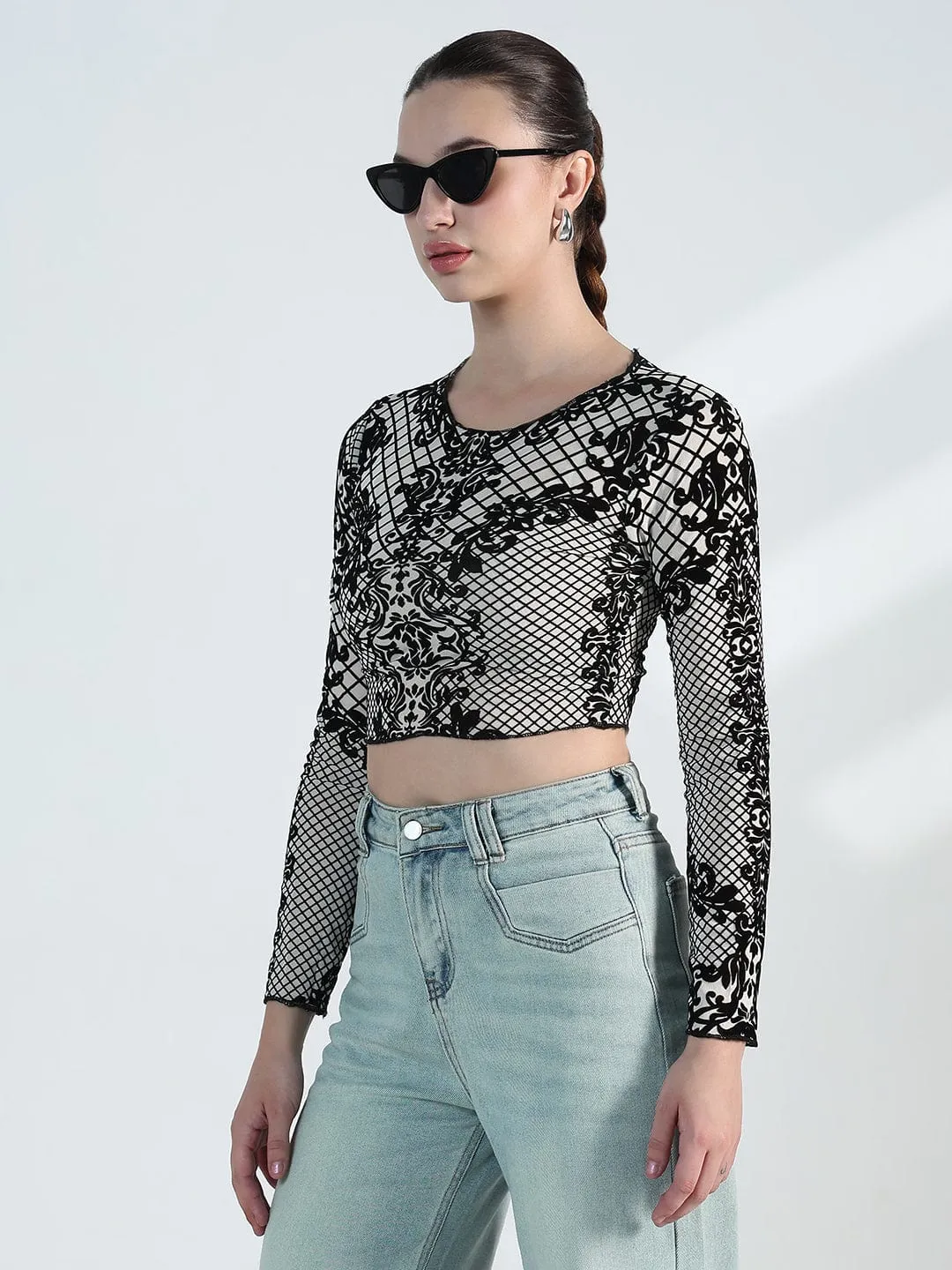 Women's Printed White Geometric Mesh Crop Top Solid color purity Modern Design