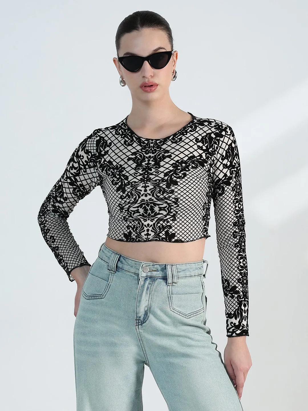 Women's Printed White Geometric Mesh Crop Top AntiPilling