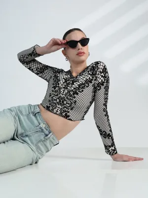 No Shrink Technology Breathable touch Women's Printed White Geometric Mesh Crop Top