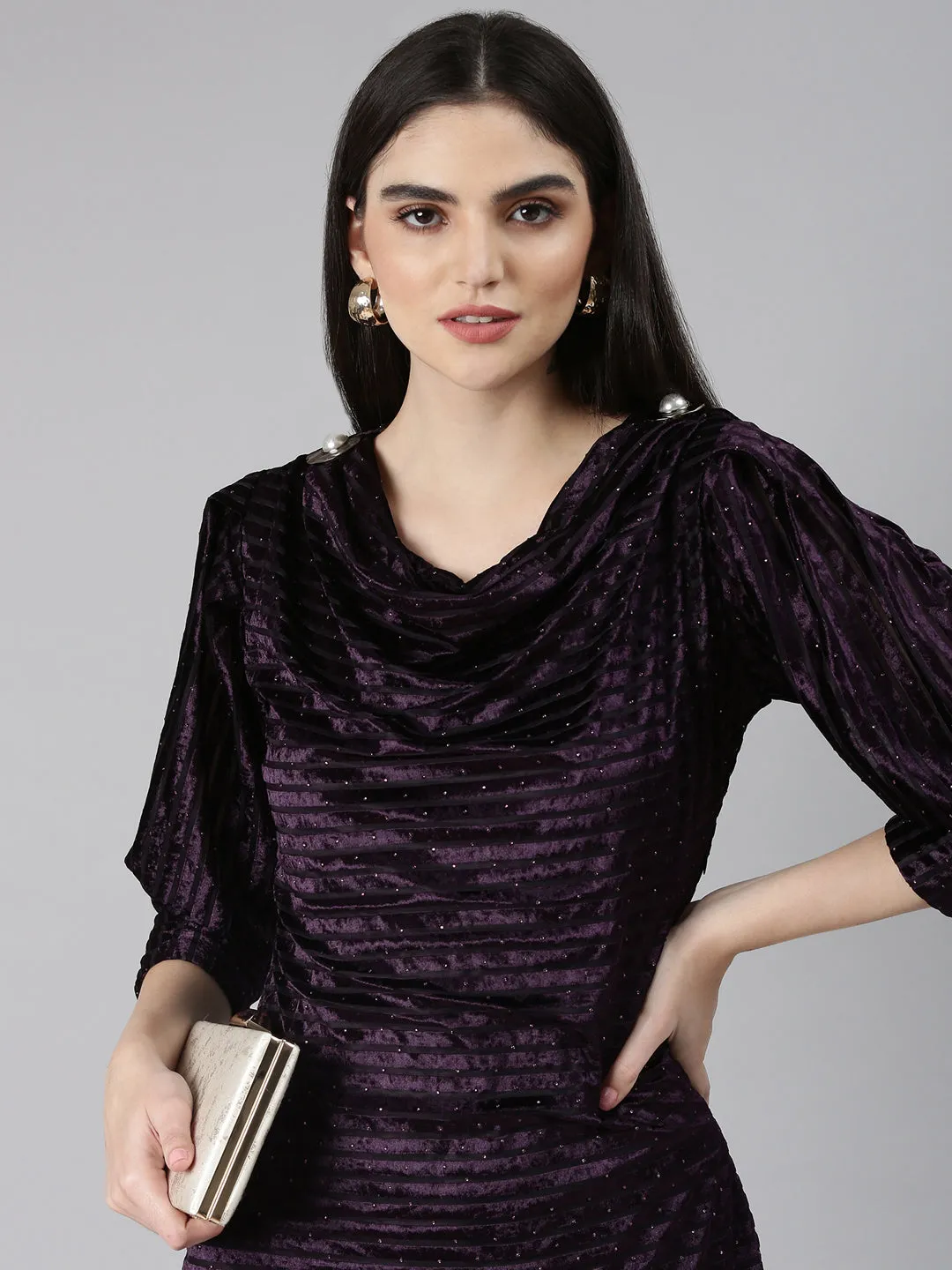 Women's Purple Cowl Neck Embellished Cuffed Sleeves A-Line Dress Wrap Charm Gentle Stitch