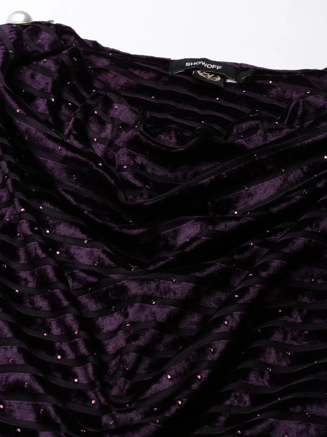 Women's Purple Cowl Neck Embellished Cuffed Sleeves A-Line Dress packable