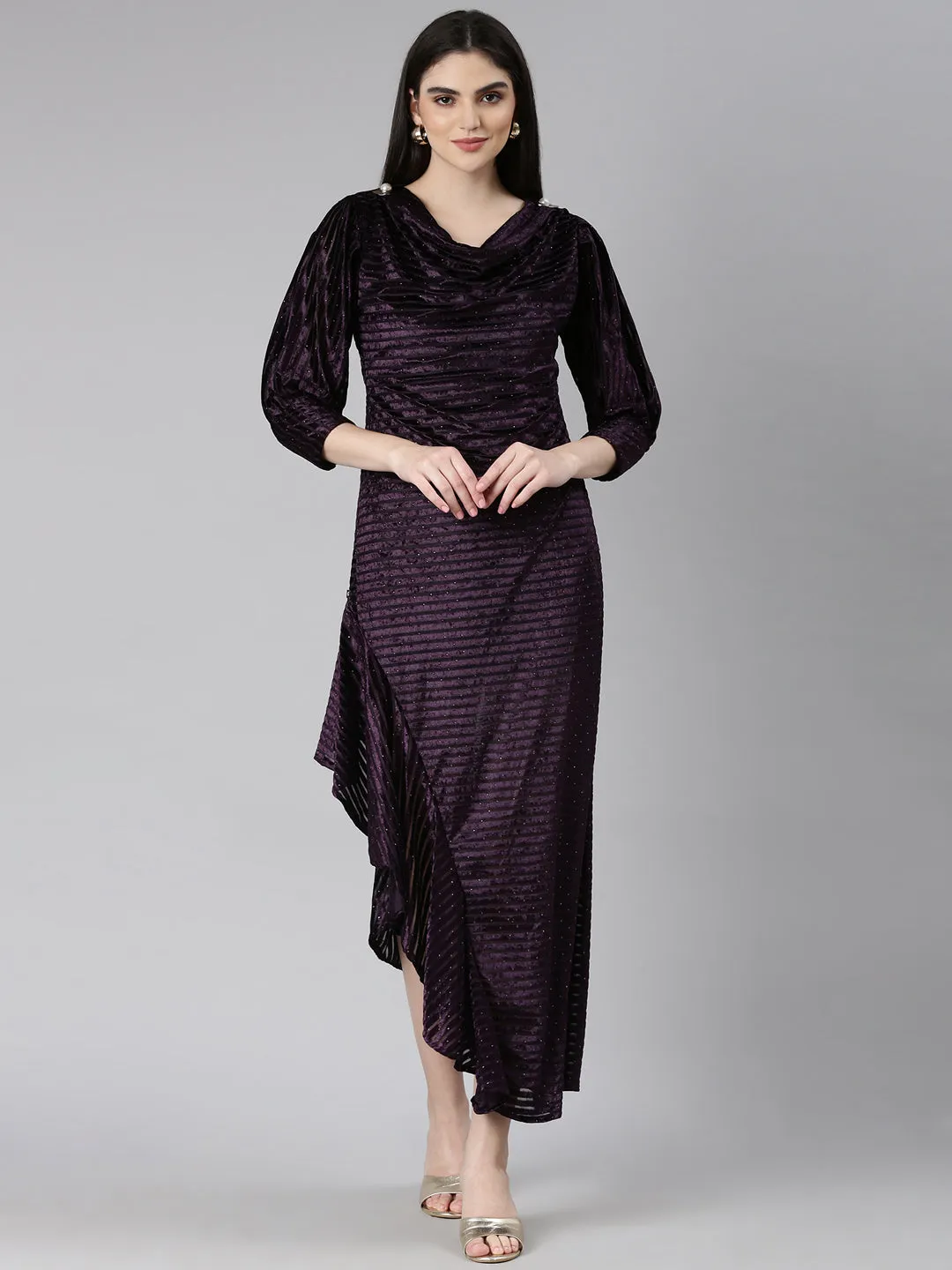 Women's Purple Cowl Neck Embellished Cuffed Sleeves A-Line Dress Urban Style Perfect Length