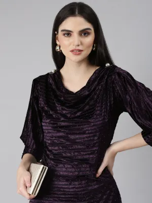 Women's Purple Cowl Neck Embellished Cuffed Sleeves A-Line Dress Wrap Charm Gentle Stitch